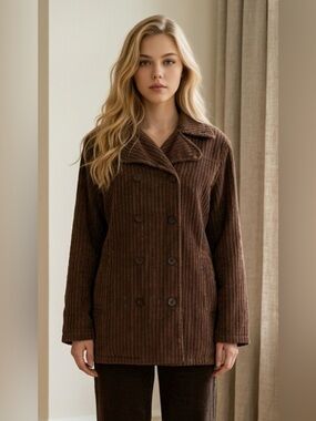 Vintage Y2K Corduroy Double-Breasted Brown Pea Coat 100% Cotton